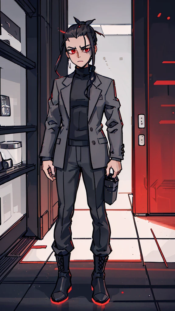 (detailed), (((normal guy))), (Arabic characteristics), ((gray wool jacket)), ((pelo negro rizado Ponytail hairstyle)), ((Ponytail hairstyle)), (calm face), ((by the width)), ((coffee boots)), (((whole body))), ((in a cyberpunk room)), ((male)), (gray turtleneck sweater), ((only one person)), (at night), terror, ((eyes glowing red)), In the dark