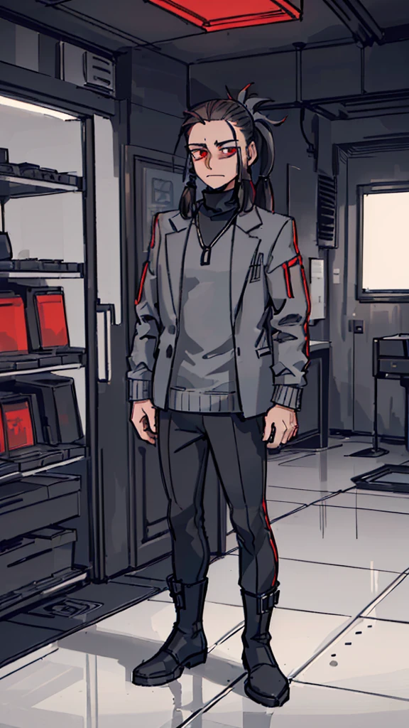 (detailed), (((normal guy))), (Arabic characteristics), ((gray wool jacket)), ((pelo negro rizado Ponytail hairstyle)), ((Ponytail hairstyle)), (calm face), ((by the width)), ((coffee boots)), (((whole body))), ((in a cyberpunk room)), ((male)), (gray turtleneck sweater), ((only one person)), (at night), terror, ((eyes glowing red)), In the dark