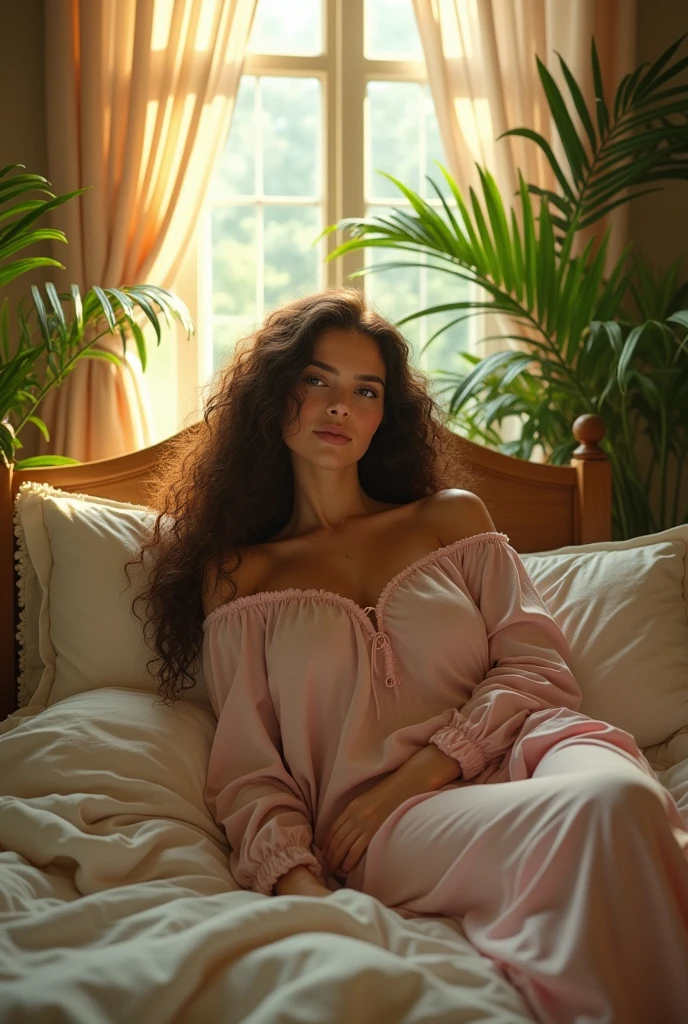 (photorealism:1.2), beautiful woman, sitting on bed, wearing loose off-shoulder top, pajama pants, long curly hair, indoors, soft lighting, plants in background, window with sunlight, cozy room, relaxed pose, realistic, intricate details, warm colors, by Greg Rutkowski, by Alphonse Mucha