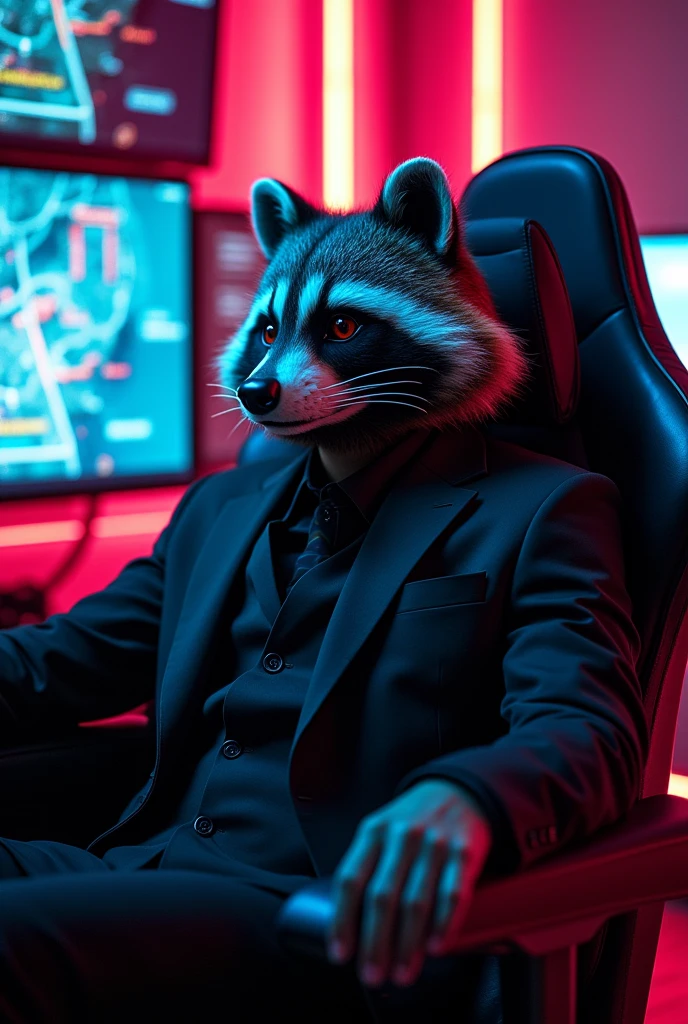 GTA character, a man wearing a raccoon mask and a black suit, sitting in a gaming chair 