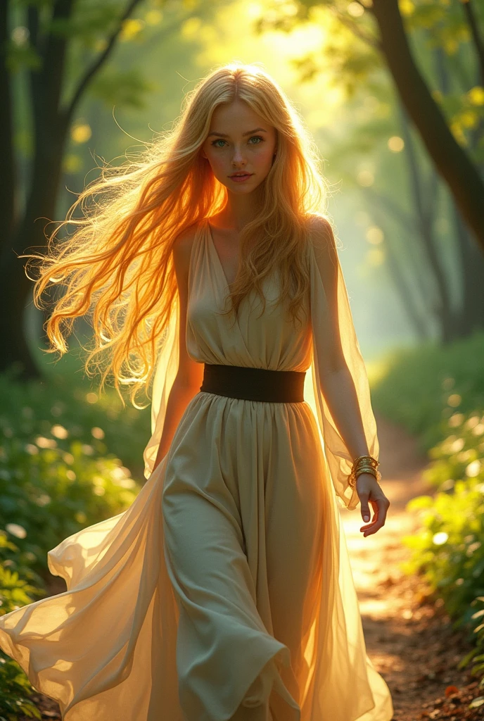 Create an image of a character with long hair walking towards the camera