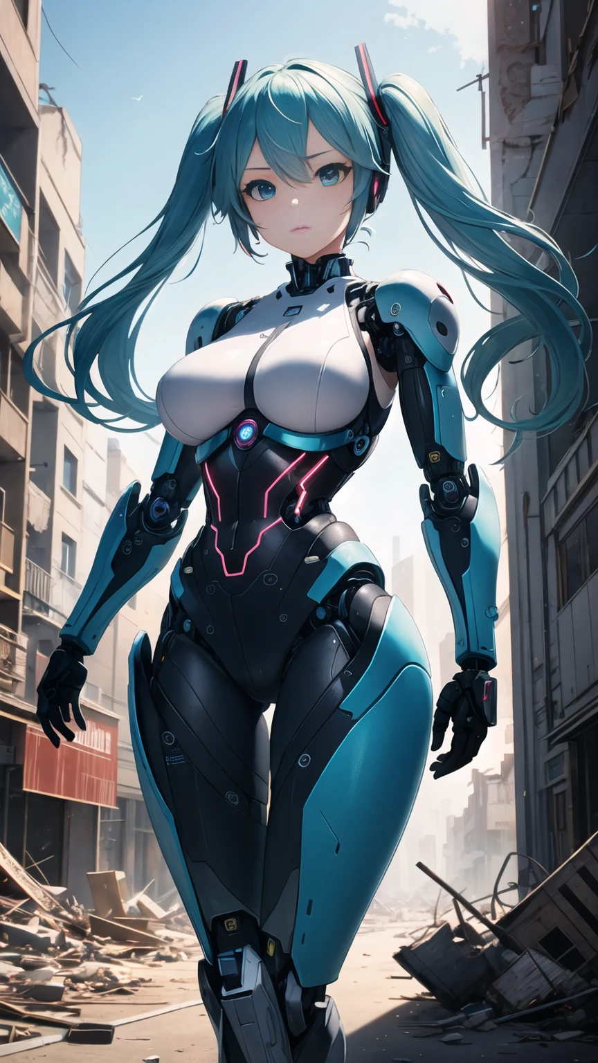 masterpiece、Highest quality、8K Hatsune Miku VOCALOID、Twin tails、Light blue hair、Bright Blue Eyes、Mecha Girl、Big Breasts、Ultimate toned physique、black tights、Highly sophisticated cyborg, Arms folded in front of the destroyed city, Bionic body with futuristic details. (Arms folded in front of the destroyed city、Highly sophisticated cyborg, Bionic body with futuristic details.)