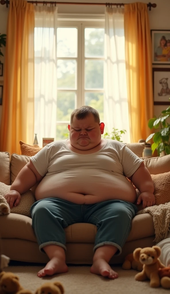 Create an image of a very overweight boy sitting on a sofa at home with a sad expression. He is wearing a tight T-shirt that doesn’t fully cover his belly. The setting should clearly be a cozy home environment, with the man looking slightly downcast, adding a touch of humor to the scene