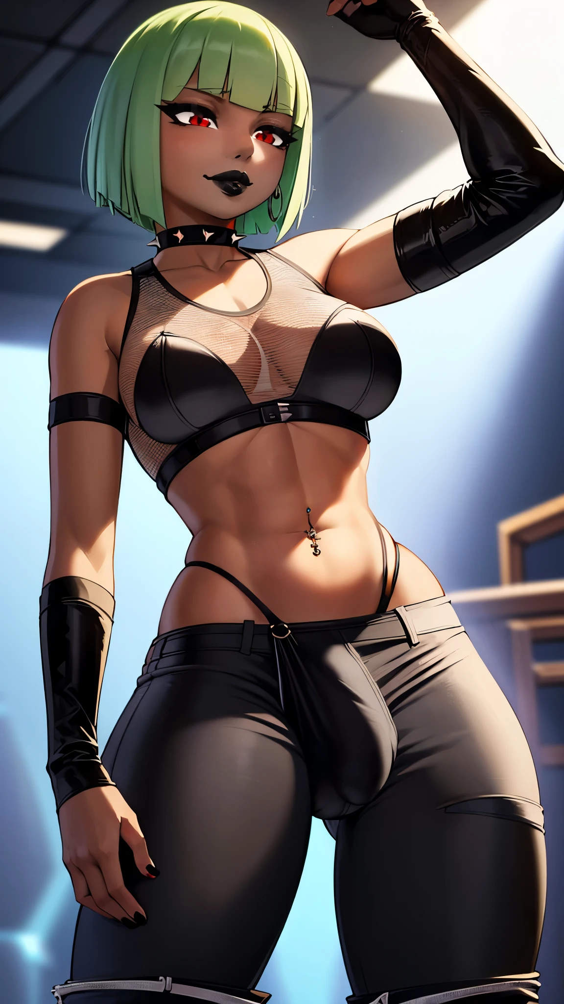 (solo:1.1),(masterpiece), (best quality:1.3),, highly detailed, intricate, professional art, digital art, absurdres, confidant, emerald sustrai, futanari emerald sustrai wearing a Spiked-choker fishnet-crop-top with arm gloves and pants posing confidently in a club,(Black see through top:1.4), (pants:1.6), 1girl, solo, (dark skin:1.5), green hair, bob hair with pointed fringe, gold hoop earrings, gold jewellery, ab lines,(gold navel piercing:1.1), detailed stomach, red eye colour, dark skin, average breasts, (aroused:1.2), (futanari:1.1), (wide hips:1.4), (makeup 1:1), beestung lips, (black lipstick:1.3), large penis, panty straps riding hips, (large crotch bulge:1.4), crotch bulge, large testicles , furniture, frontal view, universal lighting