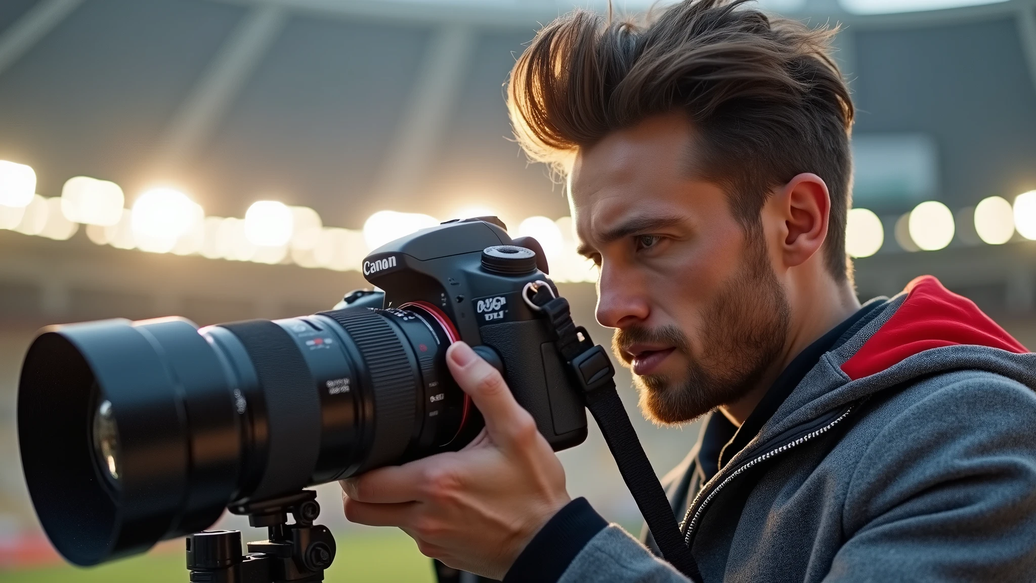 Profile portrait of a man in photography mode, fair complexion, hair styled upwards, holding black DSLR camera with extended lens, ready to capture a moment. He wears gray jacket with red collar, amidst blurred outdoor setting with hint of stadium lights and clear sky, capturing the essence of early morning or evening light.