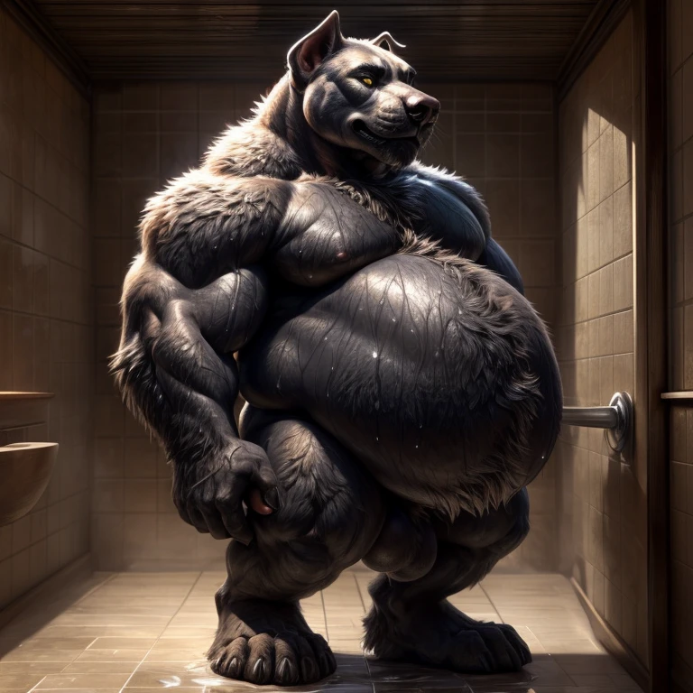 An unusually gargantuan anthropoid growing into immense body height in a small shower enclosure with small space around him, its hunched body filling the thight and small space around, its immense size allows him to push the ceiling floor, its huge and round belly is dominant; size difference, male,canine, anthropoid, dog, pitbull:1.4, (dark and thick grey and wet fur:1.8, thick furred body, fluffy fur, thick fur, wet fur, naked),( cut ears:1.0), big fluffy furred balls, chubby:1.2, round belly, huge belly, bloated belly, overweight belly, inflated belly, belly inflation fetish, belly weight gain fetish, big body, wide and bulky body, immense and bulky body, thick neck and chest, (middle-age), (musclegut:1.4, thick body:1.2), (immense height, immense body height:1.8), (yellow eyes:1.2),detailed black eyes, looking at viewer, tail, (full body:1.2), growing:1.6, immense grow, overgrown body size, (by darkgem),(by OnePotatoATime),(by adios:1.2),(by taran fiddler), side view, side angle, 4k,masterpiece,full hd, BREAK