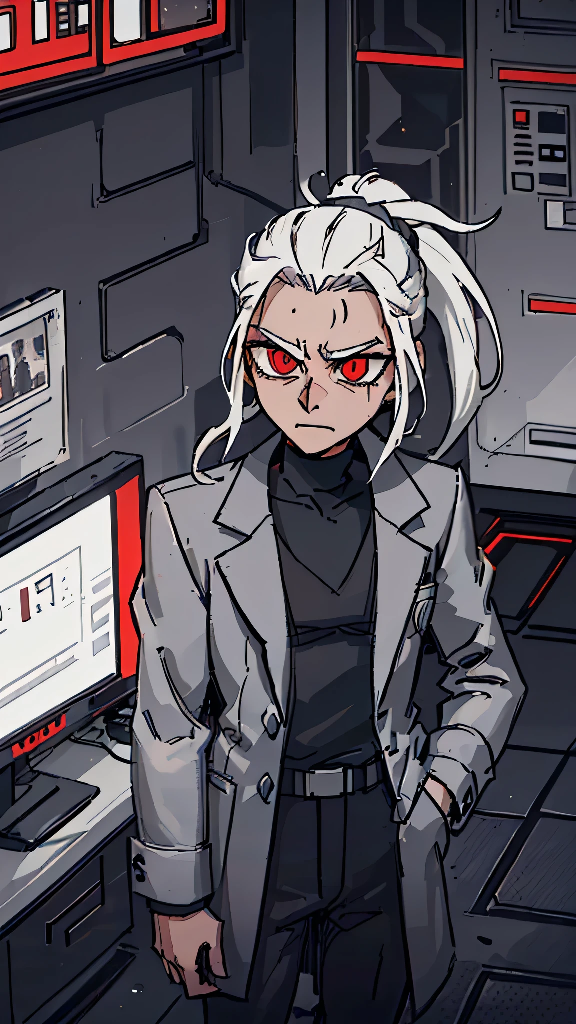 (detailed), (((normal guy))), (Arabic characteristics), ((gray wool jacket)), ((pelo negro rizado Ponytail hairstyle)), ((Ponytail hairstyle)), (calm face), ((by the width)), ((coffee boots)), (((whole body))), ((in a cyberpunk room)), ((male)), (gray turtleneck sweater), ((only one person)), (at night), terror, ((eyes glowing red)), In the dark