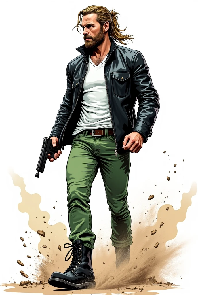 Create a comic book style drawing, bright coloured, high qualiy, a 35-year-old white man, 90 kilos, medium size, long hair tied up in a ponytail, barba, black leather jacket, white undershirt, green jeans, Black boots, Apocalypse theme, perspective drawing action scene, white background, fully body 