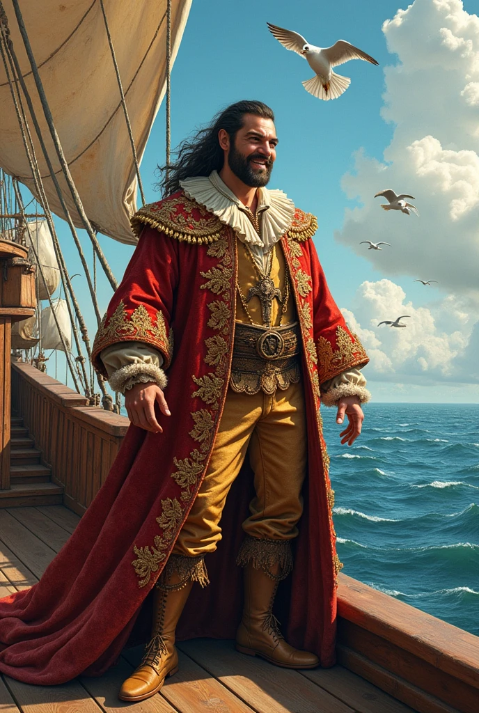 A colon on a ship talking to Spanish clothing from the 1500s