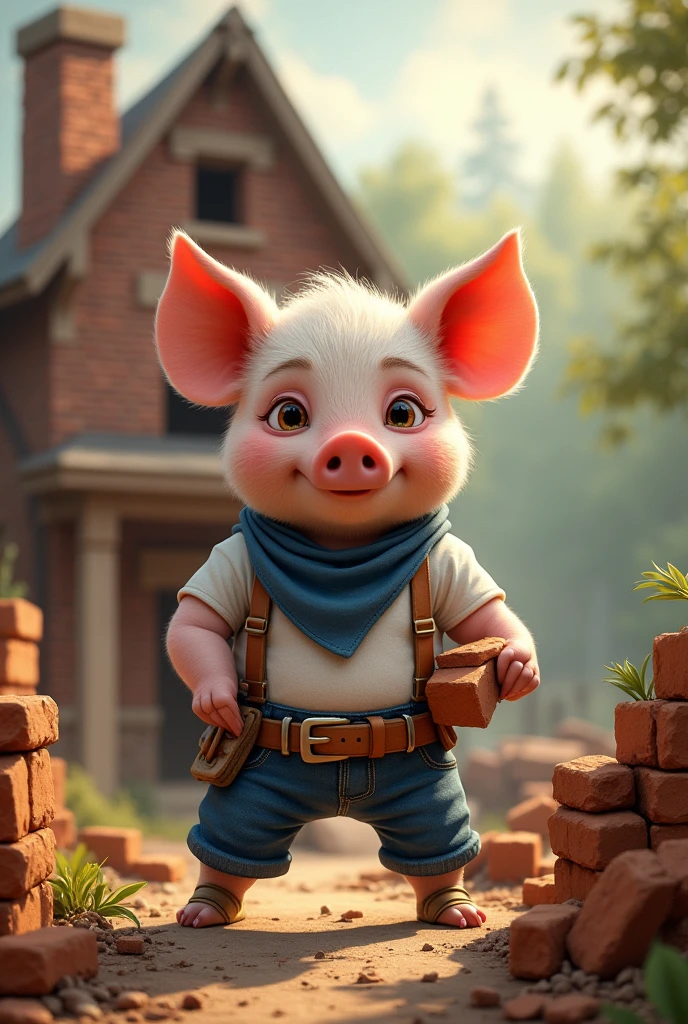 full-body illustration, (1male piglet:1.2), (determined expression:1.3), wearing a white t-shirt, blue jeans, and a blue bandana, (strong and hardworking:1.3), muscular build, (bent down to lift a stack of bricks in hand), (building a multi-storey proper house with chimney), surrounded by construction materials and tools, (realistic fur texture), (nature background:1.2), standing in front of a half-constructed brick house with sturdy walls, sunlight filtering through the trees, (soft lighting:1.3), (warm and earthy color scheme:1.3), (highly detailed), (ultra quality:1.3), (masterpiece), (digital art), 8K resolution, HDR, depth of field, (soft shadows), (photorealistic:1.3), (animation:1.2), (by Greg Rutkowski:0.9), (in the style of Alphonse Mucha), trending on ArtStation, award-winning art