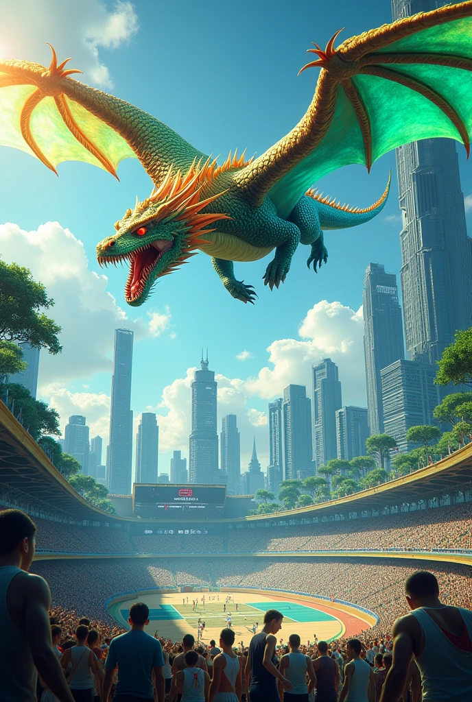 Draw a picture of 2024 with a dragon, Olympics, and the future.