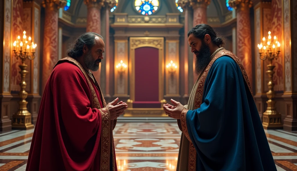 Pilate and Herod meeting in a real environment, with a tense dialogue. The scene is rich in detail, with thrones and elements of luxury. Rich and somber colors.
