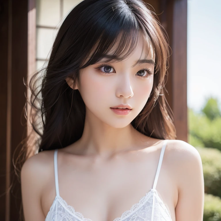 A beautiful and elegant young Japanese woman in her 20s, with long, flowing hair that falls gently over her shoulders, wearing a white shirt-style dress. She has a captivating and realistic appearance, with delicate facial features, transparent dark hair color, and a hint of her black lingerie visible beneath the dress. The scene is set outdoors, with a beautiful blue sky in the background, creating a serene and alluring atmosphere.

(best quality,4k,8k,highres,masterpiece:1.2),ultra-detailed,(realistic,photorealistic,photo-realistic:1.37),1girl,detailed face,beautiful detailed eyes,beautiful detailed lips,extremely detailed eyes and face,long eyelashes,seductive,very realistic,20s Japanese woman,shoulder-length loose fluffy long hair,white shirt-style dress,clean background,transparent dark hair color,average Japanese face,black lingerie slightly visible,outdoor,blue sky,lingerie