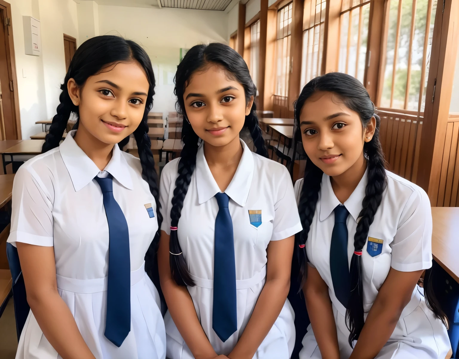 Srilankan school girl , school white frock, braided hair with plait , in the classroom with four friends , looking at the viewer , frock , 