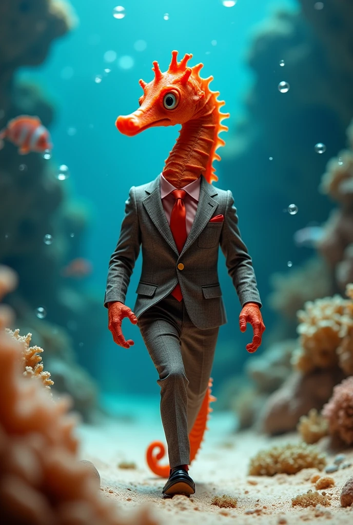 baby Red sea horse with funny giant head wearing muscular business suit in realistic full body fashion show