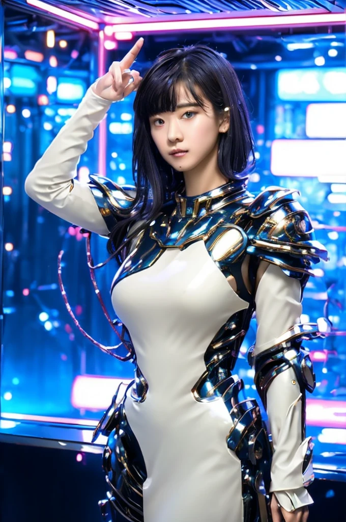 Highest quality, masterpiece, figure, (Realistic, photo-Realistic:1.37), wonderful, In detail, Incredibly absurd, Large file size, Very detailed, High resolution, Very detailed CG Unity 8k wallpaper, Very detailed目と顔, Ray Tracing, Browsing Caution, NUDE, One girl, Korean cyborg girl is innocent and young々Has a sly expression. She poses boldly with her arms raised above her head, Revealing her voluptuous figure. She is wearing a small black mecha armor top that barely covers her breasts., Exposing most of her flawless skin. Her shoulders and head have more armor detailing.、There are shining highlights, Tech Panels and Mechanisms. She is standing against a futuristic cityscape lit up with vibrant neon lights.、Standing full of energy。.