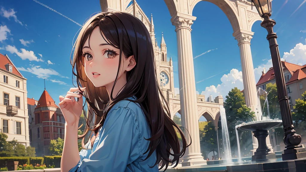 beautiful girl, Dark brown hair, Brown eyes, Fuller lips, middle ages, at the fountain park, blue sky