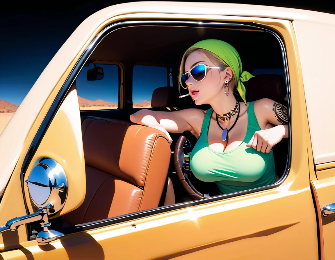 A shot from the side of the driver's seat, as a massive truck thunders through Arizona's white wilderness. A mature woman, exuding confidence and rugged charm, grips the wheel with one hand while giving a thumbs-up with her left hand stretched out from the left window. Her piercing blue eyes, narrowed by the strong sunlight, peer out from beneath mirrored sunglasses perched on her forehead. The arrogant glint of a cigarette dangles from her mouth as she commands the road. A Bandana adorns her forehead, featuring a white skull pirate mark on a black background, complemented by black tribal tattoos that cascade down her neck and shoulders. Her worn moss green tank top showcases her ample breasts, while a dog tag hangs around her neck. The truck's rugged body and flashy decorations are matched only by the beauty of the mature woman behind the wheel, with her striking features illuminated by the bright desert sun., masterpiece, incredibly absurd resolution, absolutely resolution, ultra high resolution,