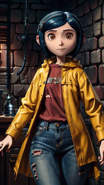 (1girl, coraline), (extremely detailed CG unit 8k wallpaper),(master part), (best quality), (ultra detail), (best illustration),(StopMotion), cowboy shot, (Sharp eyeliner, ombre, detail eyes), dark dungeon interiors background, ,break , (vamptech), Blue hair, brown eyes, freckles, pale skin, excited expression, yellow raincoat, jeans