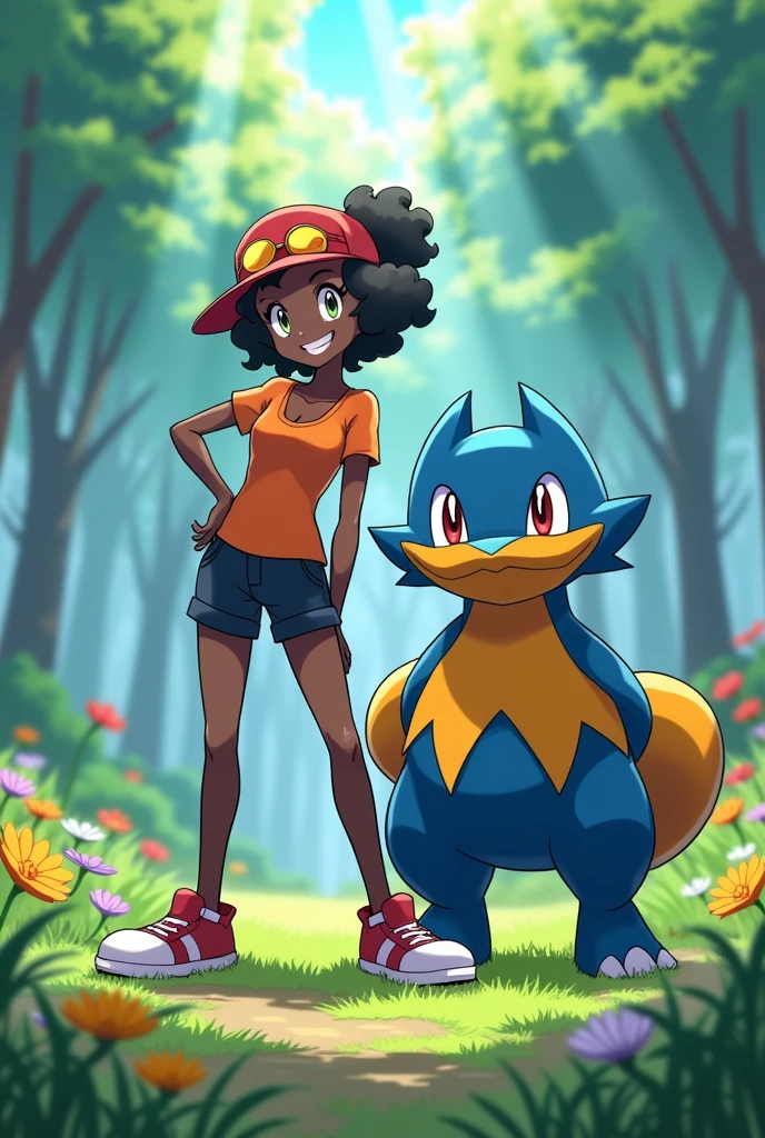 A drawing with the Pokémon anime style; A sassy black trainer, com um swampert ao lado