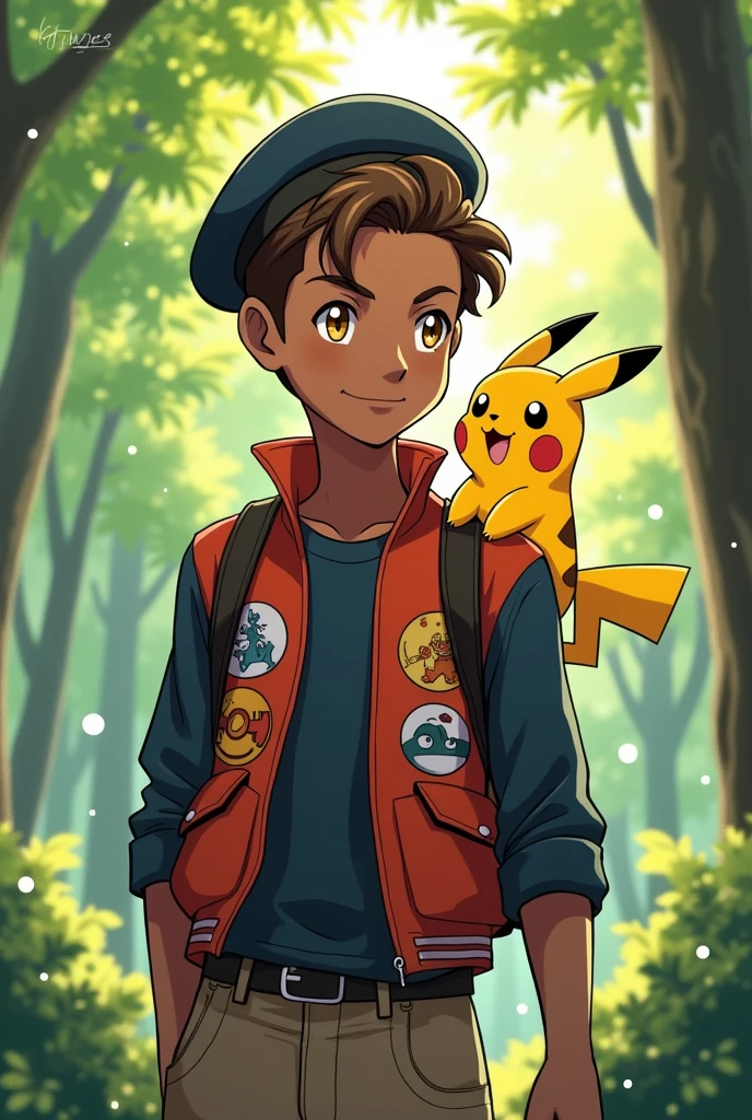 He is dark-skinned with wavy brown hair, yellow eyes and wears a black beret, with a pokemon trainer outfit, he has a pikachu. (アニメ)