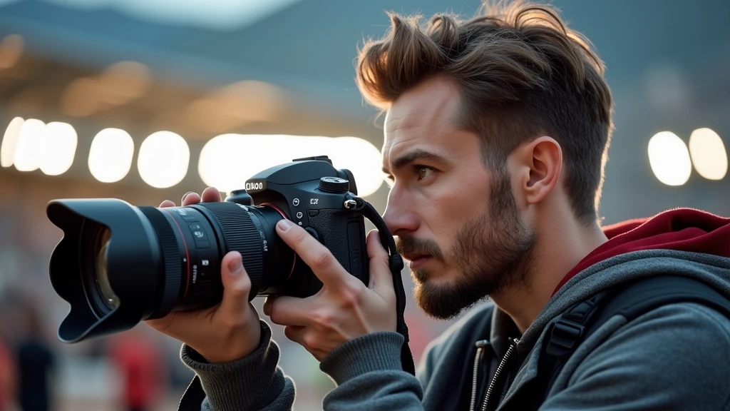 Profile portrait of a man in photography mode, fair complexion, hair styled upwards, holding black DSLR camera with extended lens, ready to capture a moment. He wears gray jacket with red collar, amidst blurred outdoor setting with hint of stadium lights and clear sky, capturing the essence of early morning or evening light.