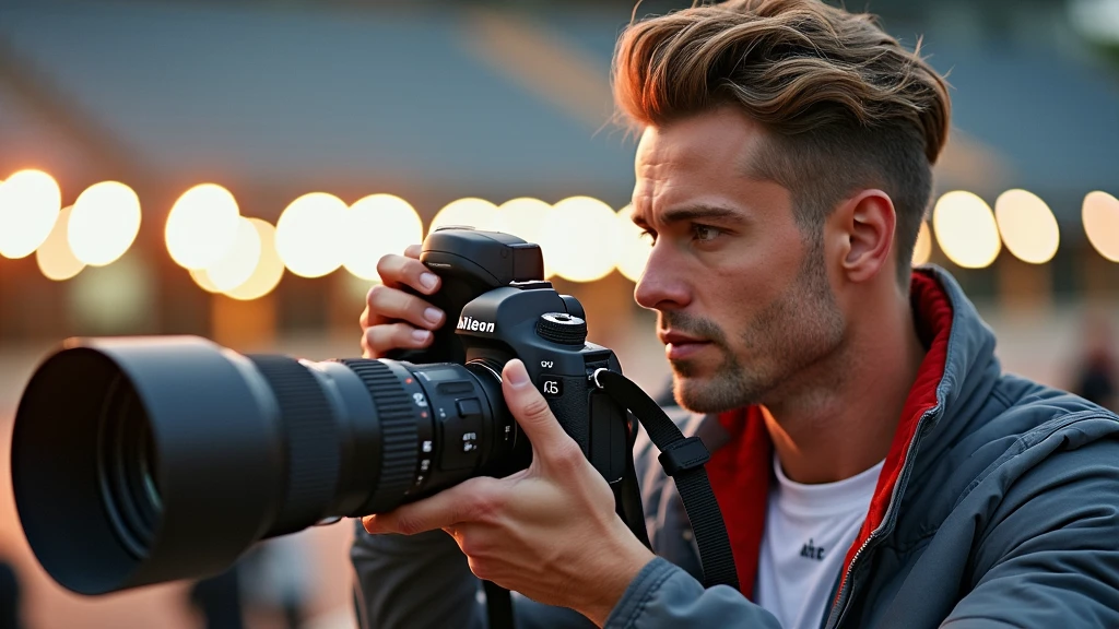 Profile portrait of a man in photography mode, fair complexion, hair styled upwards, holding black DSLR camera with extended lens, ready to capture a moment. He wears gray jacket with red collar, amidst blurred outdoor setting with hint of stadium lights and clear sky, capturing the essence of early morning or evening light.