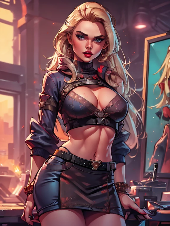 a beautiful busty sci-fi girl with long blonde hair, piercing blue eyes, and full red lips wearing a tight sweater and mini skirt, photorealistic, 8k, highly detailed, intricate details, warm lighting, dynamic pose, dramatic camera angle, chiaroscuro lighting, oil painting, digital art