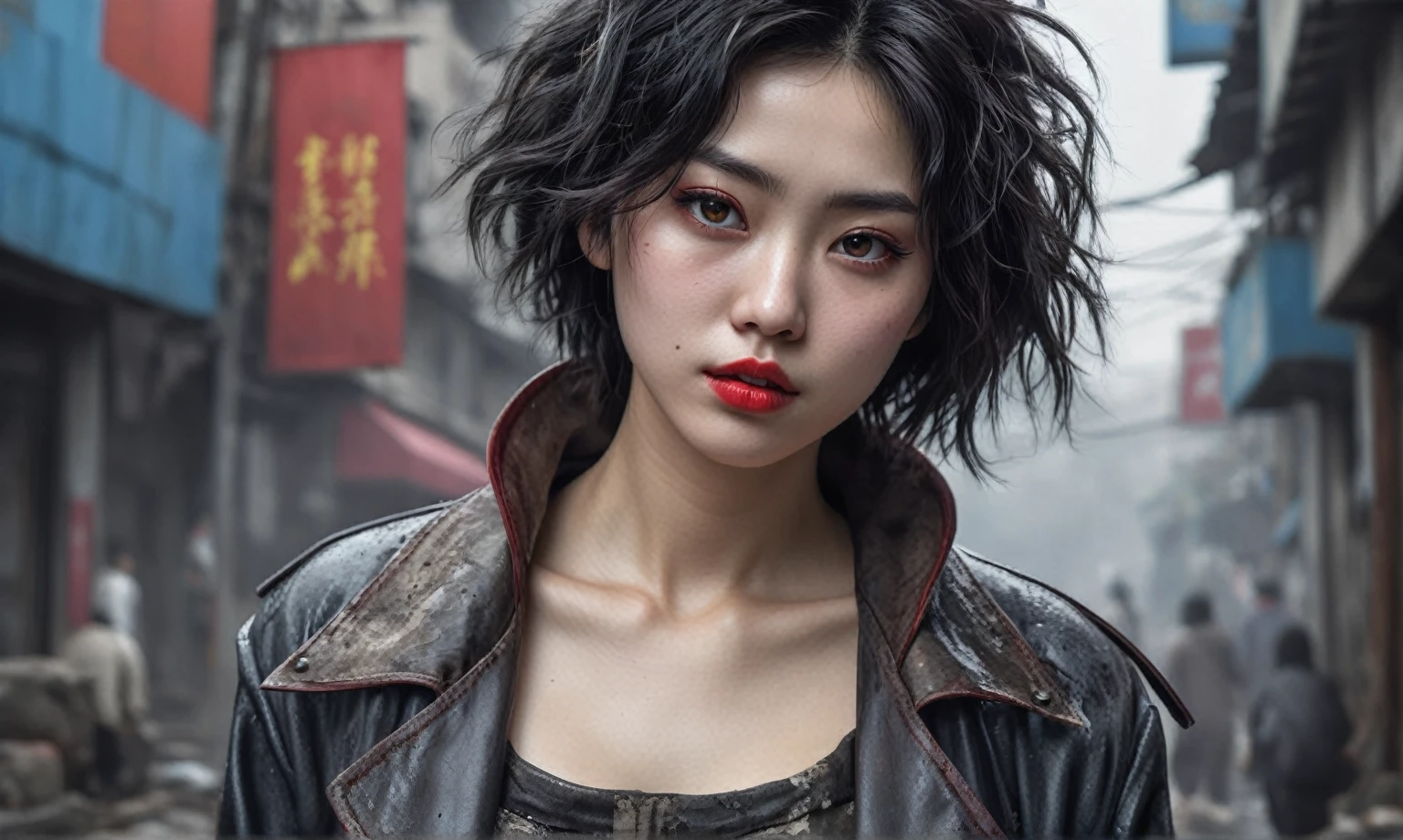 hyperrealistic cyberpunk young woman, short messy wavy black hair, white skin, brown horny eyes, inviting gaze, parted imperial red lips full body shot,Manganita Graphite Beggar is saved, He wants to eat,Korean psychiatric clinic covered in survival,cinematographic,Soft colors, technicolor,natural skin textures, Hyperrealism, hyper detailed,extremely detailed,high contrast,masterpiece,realist,ultra detailed, intricate details,realistic wet leather,extremely intricate,Epic realist, estilo cinematographic,irina yermolova,high contrast,HdR,extremely detailed, masterpiece,intricate details,despondent,eyes extremely detailed, very detailed eyes,16K resolution,raw,, fancy, abstract, Surrealism, Super detailed, High resolution, arrest:35, His skin is pale, almost translucent.strange clothes , half face completely lost, without month ,crazy mulan