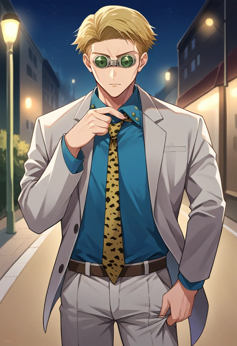 score_9, score_8_up, source_anime, 1boy, solo, NanamiBase, blonde hair, short hair, goggles, grey jacket, yellow necktie, leopard print, blue shirt, collared shirt, grey pants, adjusting clothes, adjusting necktie, hand up, outdoors, street, night, 