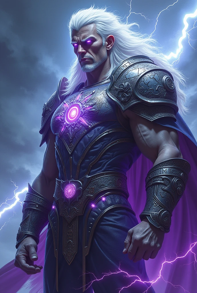 Victor is an adult with an imposing presence. Her hair is white, and their eyes reflect an intense purple color that indicates their connection with the power of electricity and magnetism. His muscular body and armor adorned with ancient runes glow with an electric energy that accentuates his status as a leader and destroyer..
