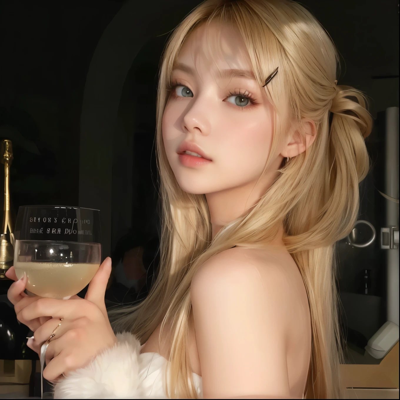 blonde woman in glasses holding a glass of wine in a dimly lit room, com longos cabelos loiros, longos cabelos loiros e olhos grandes, Lalisa Manobal, Lalisa Manoban do Blackpink, pare quatro *, mistura russa e japonesa, com cabelos loiros muito longos, pare quatro, deusa loira, longos cabelos loiros e olhos grandes