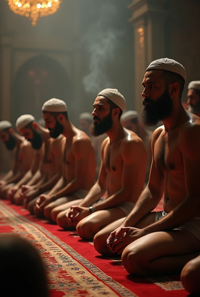 Twenty hairy, bearded men in their underwear, praying on their knees on carpets, with Islamic caps on their heads.