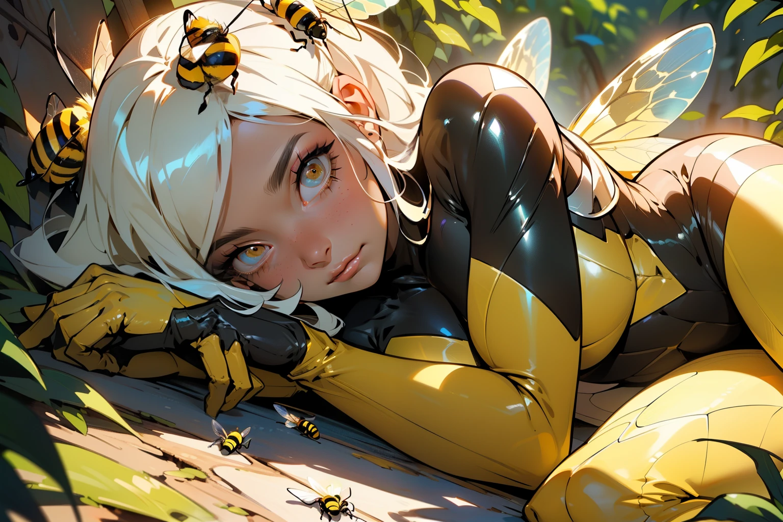 ((Masterpiece, best quality, photography, detailed skin, 8k, highly detailed, show entire body, High detail RAW color art, diffused soft lighting, shallow depth of field, sharp focus, hyperrealism, cinematic lighting, ((Female anthro bee:0.8)), Feminine insect humanoid creature, on her side, wings Similar to a bee, Yellow and black color design, a remarkable Bee Body, Shiny Plug Suit, Bee wings, Cute Girl Face, a female, beautifully makeup, eyeshadow, beautiful big eyes, brown eyes, long eye lashes, monstrous insect, chitin skin, large almond shaped eyes, humanoid body style, medium breasts, narrow waist, skinny frame, wide hips, spread legs, an evil gaze that seduces, lying, on side, bee nest
