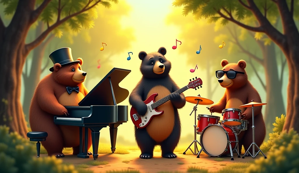 Three bears playing piano, jazz guitar and drums
