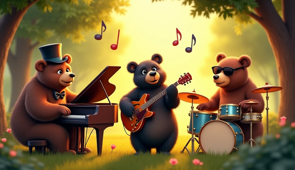 Three bears playing piano, jazz guitar and drums
