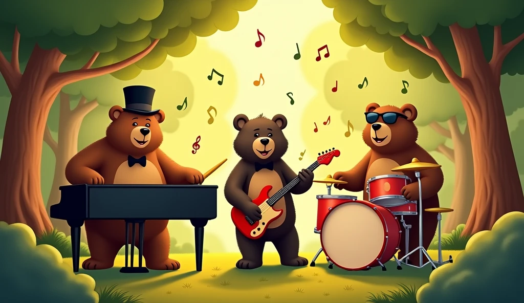 Three bears playing piano, jazz guitar and drums