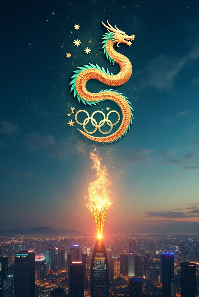 Draw a logo for 2024 that features a dragon, the Olympic Games, and the future.