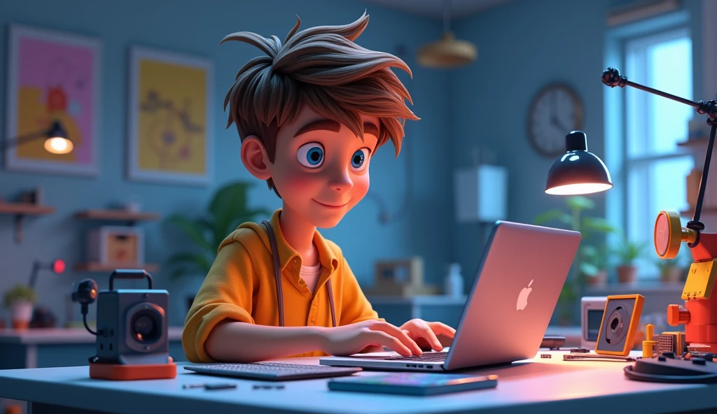 3d cinematic cartoon, a 18 year old boy, buildind apple laptop,