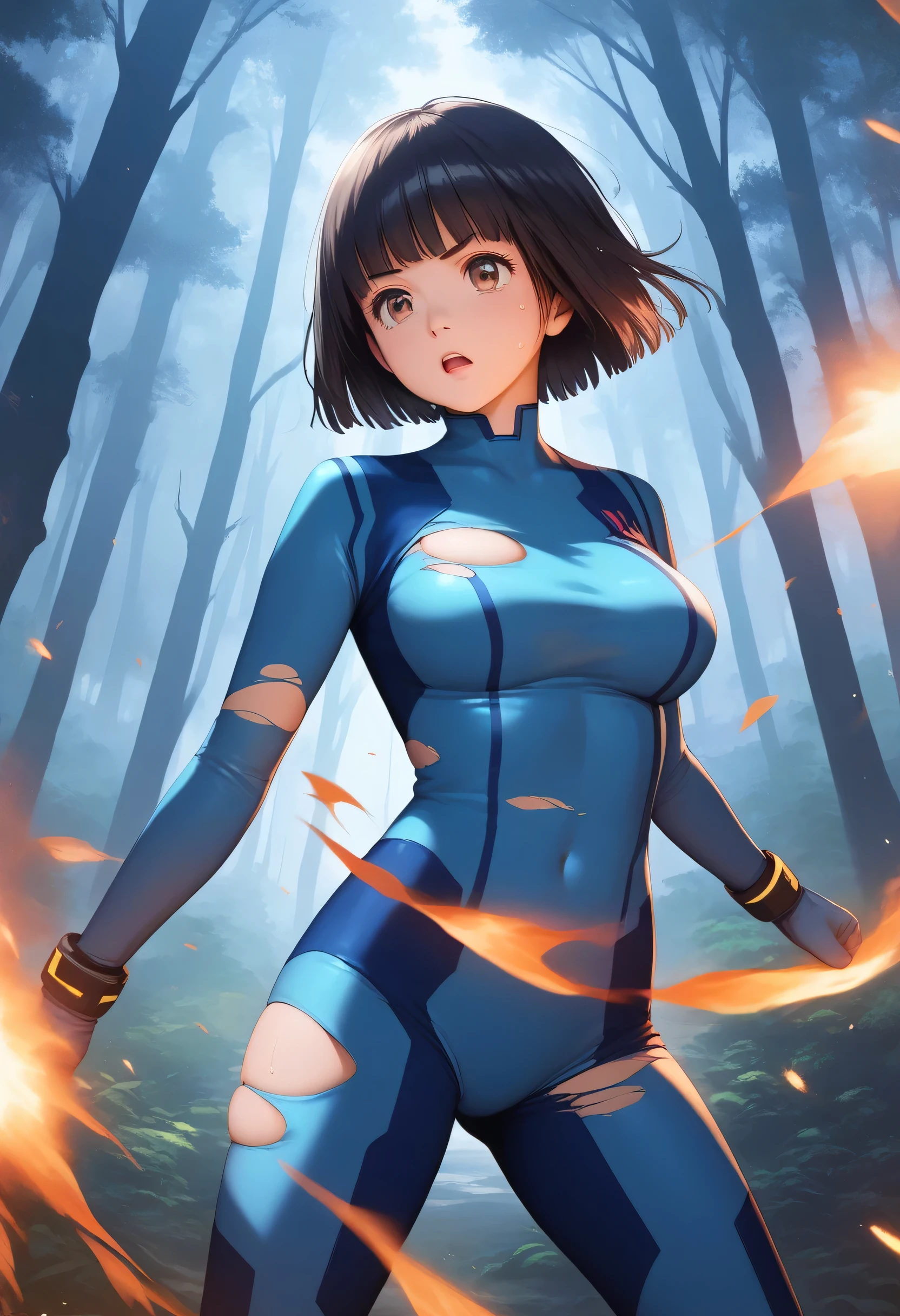 score_9,score_8_up,score_7_up,masterpiece,best quality, source anime, realistic, super detailed, extreme detailed, rating_safe,
1girl, solo, fighting pose, cowboy shot,
BREAK 22yo, short hair, bob cut, (blunt bangs), black hair, (tareme, detailed cute brown eyes), curled eyelashes, (large breasts:0.9),
shiny hair, beautiful detailed eyes, beautiful face,
zero suit, (torn clothes:1.4), sweat,
serious, open mouth,
forest, night, (tree, darkness:1.3),
