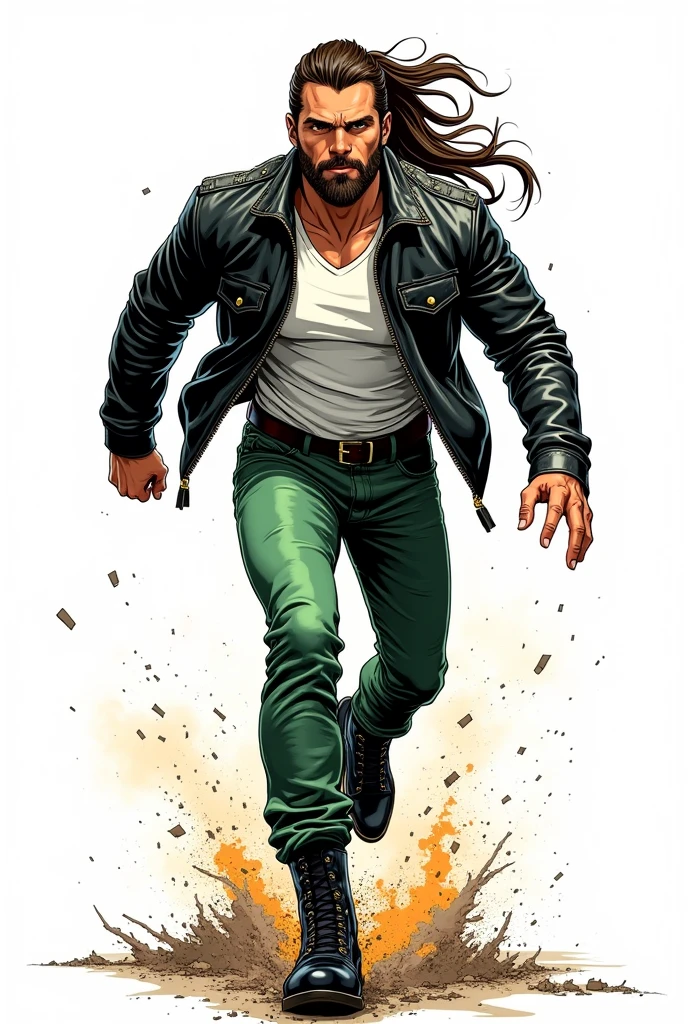 Create a comic book style drawing, bright coloured, high qualiy, a 35-year-old white man, 90 kilos, medium size, long dark brown hair tied in a ponytail, barba, black leather jacket, white undershirt, green jeans, Black boots, Apocalypse theme, perspective drawing action scene, white background, fully body