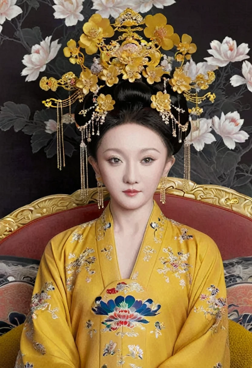 From the pre-Qing period, The Empress sits naked on a large golden sofa in the palace,  Her legs were spread, At the Chinese court during the Qing Dynasty, Empress of the Qing Dynasty, Wearing the great crown of the Chinese Empress, Belly and thighs visible from below.。She is completely naked, Showing off gorgeous large flowers and hairpins, She tied her hair up and pulled it up, 背景はEmpress of the Qing Dynastyの豪華な宮殿.