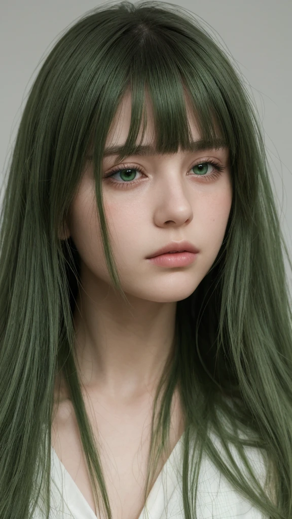 a girl. European. Extremely detailed face. Oval face. Delicate facial features. Half-closed eyes. Long straight hair. Messy hair. bangs. Green hair. Green eyes. very angry. sad. Shy