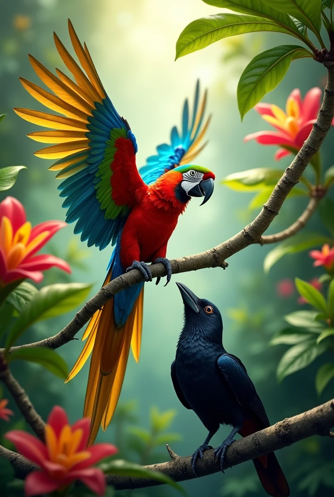 The parrot showing off its vibrant feathers to the crow.