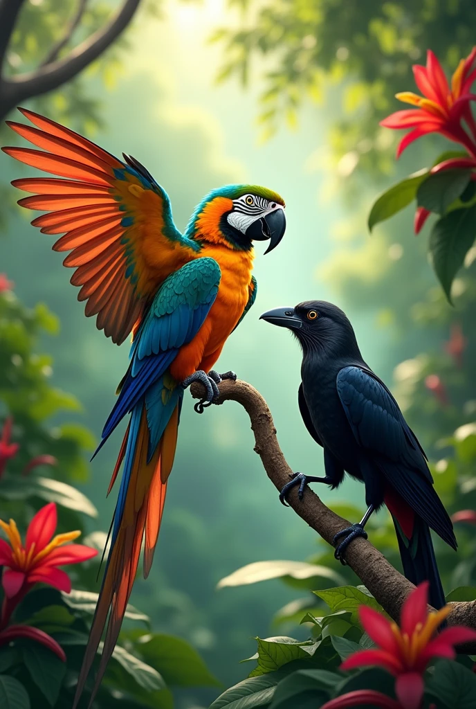 The parrot showing off its vibrant feathers to the crow.