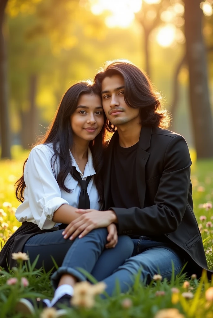 A 19 year old Indian school
fair skinned girl in a white school shirt and black coat uniform is sitting on the lap of a 17 year old Indian boy with long black hair wearing a black shirt and jeans in an Indian park. Both are looking straight at the camera. There is an atmosphere of love all around.