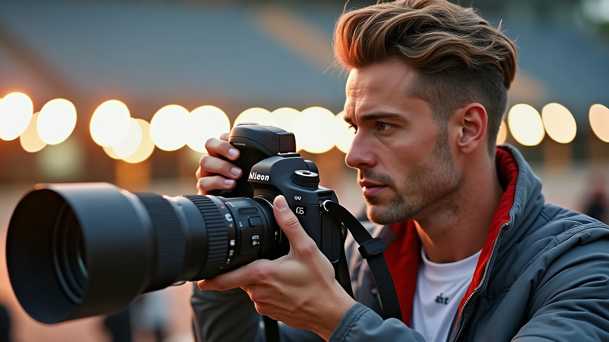 Profile portrait of a man in photography mode, fair complexion, hair styled upwards, holding black DSLR camera with extended lens, ready to capture a moment. He wears gray jacket with red collar, amidst blurred outdoor setting with hint of stadium lights and clear sky, capturing the essence of early morning or evening light.