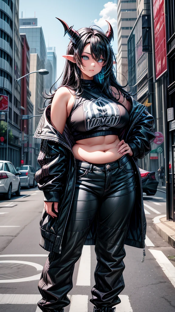 Adult female, curvy body, thick body, DD size breasts, dark BLACK hair, shoulder length hair, dark BLACK hair in a shoulder length wolf cut, light cyan blue eyes, ram HORNS on top of head, pointy ears, mature face, very beautiful, loose top, pants, punk style clothes, posing, city street.