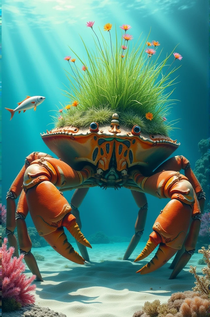 A giant crab with a head made of grass and a fish swimming by. 