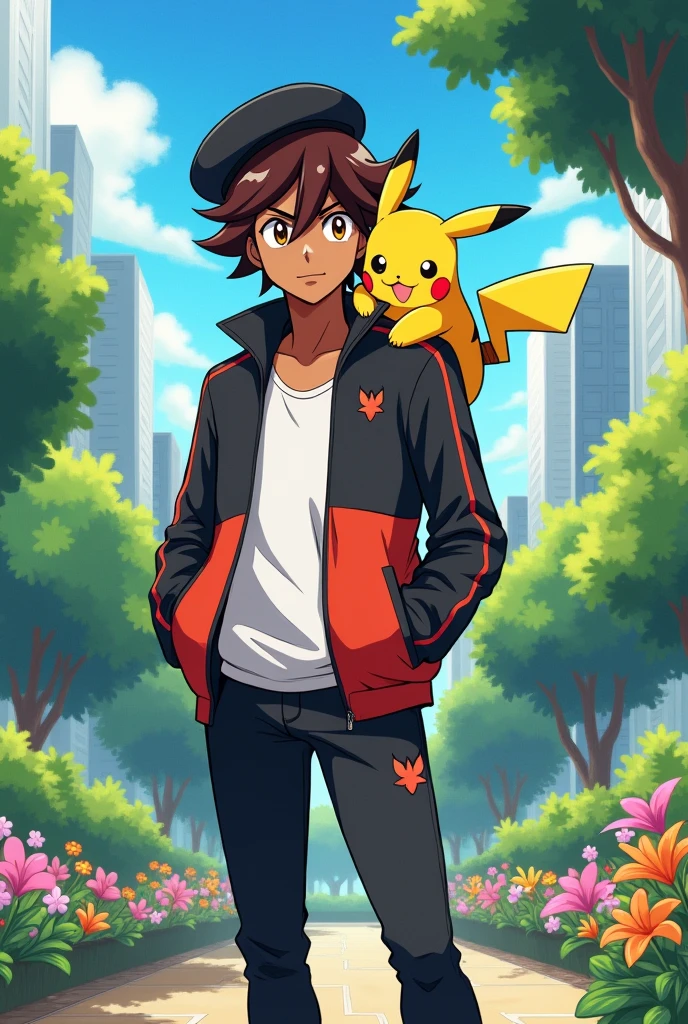 He is dark-skinned with wavy brown hair, yellow eyes and wears a black beret, with a coach outfit, he has a pikachu. (アニメ)